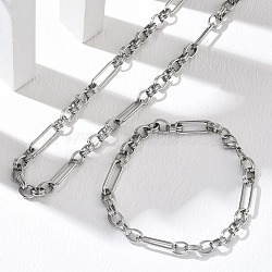 304 Stainless Steel Paperclip & Rolo Chain Necklace and Bracelet Set, Stainless Steel Color, 605mm(SJEW-D091-02P)