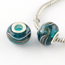 Rondelle Handmade Gold Sand Lampwork European Large Hole Beads, with Silver Color Plated Brass Cores, Teal, 14x9~10mm, Hole: 5mm(X-LPDL-R007-07A)