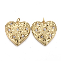 Hammered Brass Micro Pave Clear Cubic Zirconia Pendants, with Jump Rings, Long-Lasting Plated, Heart with Star, Real 18K Gold Plated, 23x25x4.5mm, Hole: 3mm(X-KK-F821-14G)
