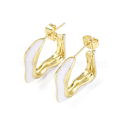 Enamel Twist Square Stud Earrings, Real 18K Gold Plated Brass Half Hoop Earrings for Women, White, 23x21.5x5.5mm, Pin: 0.8mm(EJEW-P214-23G-01)