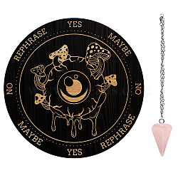 AHADEMAKER Divination Sets, including 1Pc PVC Plastic Pendulum Board, 1Pc 304 Stainless Steel Cable Chain Necklaces, 1Pc Natural Rose Quartz Stone Pendants, Mushroom Pattern, Board: 200x4mm(AJEW-GA0005-67B)