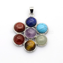 Platinum Plated Flower Brass Gemstone Pendants, Chakra Jewelry, Mixed Stone, 41x33x8mm, Hole: 4x7mm(G-P053-13)