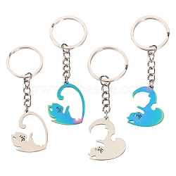 304 Stainless Steel Cat Split Keychains, with Iron Split Key Rings, Heart, Mixed Color, 8.3~8.6cm, 2 style, 2pcs/style, 4pcs/set(KEYC-TAC00009)