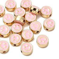 20Pcs Alloy Enamel Beads, Golden, Flat Round with Smiling Face, Pink, 8x4mm, Hole: 1.6mm(FIND-YW0009-18C)