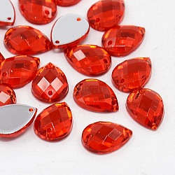Sew on Rhinestone, Taiwan Acrylic Rhinestone, Two Holes, Garments Accessories, Red, teardrop, about 10mm wide, 14mm long, 4mm thick, hole: 1mm(ARB27-10X14MM-03)