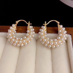 Flat Round Alloy Plastic Imitation Pearl Hoop Earrings, Golden, 25x24mm(FS-WG2046F-01)