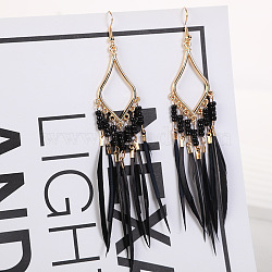 Bohemian Style Alloy Glass Seed Beaded Feather with Rhombus Chandelier Earrings, Golden, Black, 120mm(FS-WG1E384-01)