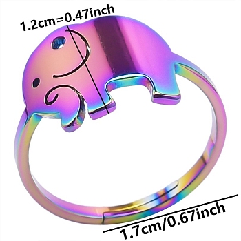 304 Stainless Steel Elephant Adjustable Ring, Rainbow Color, Inner Diameter: 17mm