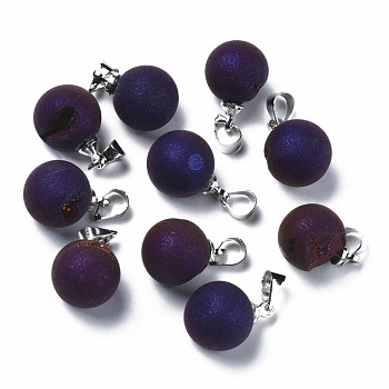 Natural Agate Charms, with Platinum Brass Findings, Rack Plating, Round, Indigo, 15x11x10.5mm, Hole: 4x5mm