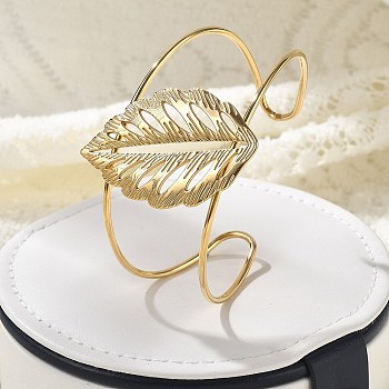 304 Stainless Steel Cuff Bangles for Women, Leaf, Real 18K Gold Plated, Inner Diameter: 2-5/8 inch(6.55cm)