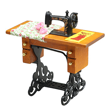 Retro Wood & Metal Mini Sewing Machine, for Miniature Doll Home Decoration, Flower Pattern, 35x80x80mm