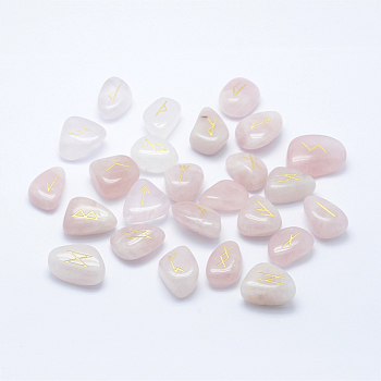 Natural Rose Quartz Beads, Tumbled Stone, Healing Stones for Chakras Balancing, Crystal Therapy, Meditation, Reiki, Nuggets Carved with Runes/Futhark/Futhorc, No Hole/Undrilled, 22~30x16~23x8.5~12.5mm, 25pcs/set