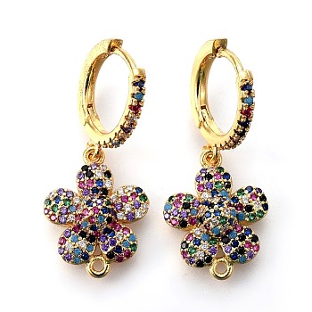 Brass Huggie Hoop Earring Findings, with Micro Pave Cubic Zirconia, Flower, Colorful, Golden, 30.5mm, Hole: 1.2mm, Pin: 0.8mm
