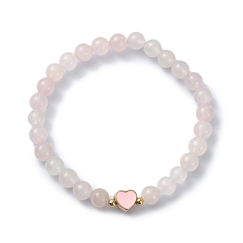 Natural Rose Quartz Round Beaded Stretch Bracelets, Alloy Enamel Heart Bracelet for Women, Inner Diameter: 2-1/8 inch(5.4cm)