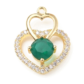 Brass with K9 Glass & Rhinestone Pendants, Light Gold, Heart Charms, Emerald, 25x19.5x7mm, Hole: 1.5mm