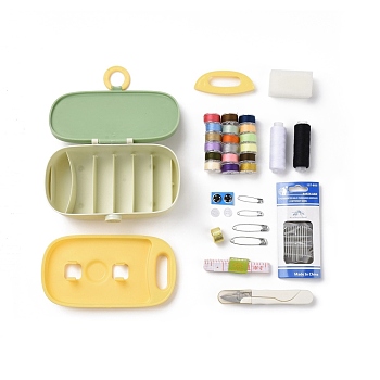 Sewing Tool Box, Including Plastic Box, Plastic Tray, Sponge, Polyester Thread, Plastic Button, Thimble Ring, Safety Pin, Tape Measure, Scissor, Sewing Needles, Threader Devicesb, Pale Green, 154x95x57mm