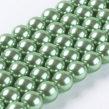 Eco-Friendly Dyed Glass Pearl Round Beads Strands, Cotton Cord Threaded, Spring Green, 14mm, Hole: 0.7~1.1mm, about 30pcs/strand, 15 inch