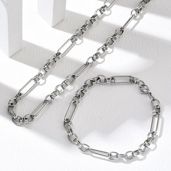 304 Stainless Steel Paperclip & Rolo Chain Necklace and Bracelet Set, Stainless Steel Color, 605mm