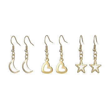 3 Pair 3 Style 304 Stainless Steel Dangle Earrings, Hollow Moon & Heart & Star, Golden, 35~36x9~12.5mm, 1 Pair/style