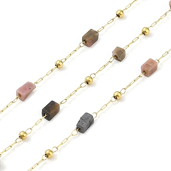 Ion Plating(IP) 304 Stainless Steel Link Chains, Natural Rhodochrosite Beads & Spool, Soldered, Real 18K Gold Plated, 6.5x2.5x2.5mm, about 32.81 Feet(10m)/Roll