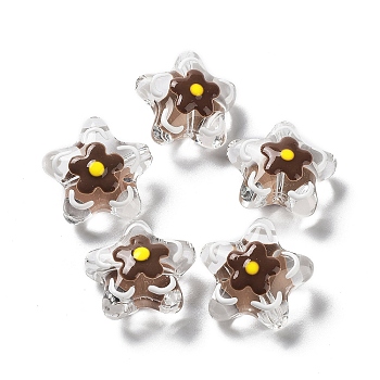 Handmade Lampwork Beads, with Enamel, Star with Flower, Coconut Brown, 20~20.5x21~21.5x11.5~12mm, Hole: 1.6mm