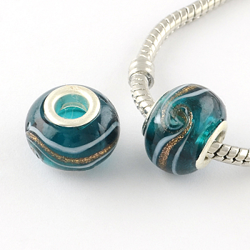 Rondelle Handmade Gold Sand Lampwork European Large Hole Beads, with Silver Color Plated Brass Cores, Teal, 14x9~10mm, Hole: 5mm