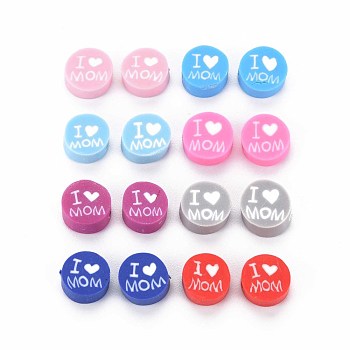 Handmade Polymer Clay Beads, Mother's Day Theme, Flat Round with Word I Love MOM, Mixed Color, 8~9.5x3.5~4.5mm, Hole: 1.5mm