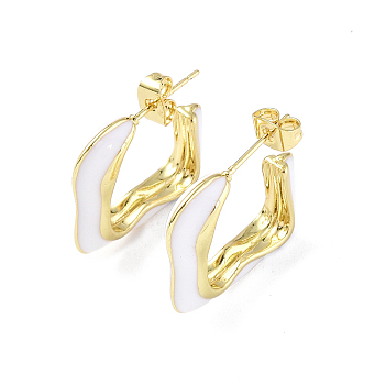 Enamel Twist Square Stud Earrings, Real 18K Gold Plated Brass Half Hoop Earrings for Women, White, 23x21.5x5.5mm, Pin: 0.8mm