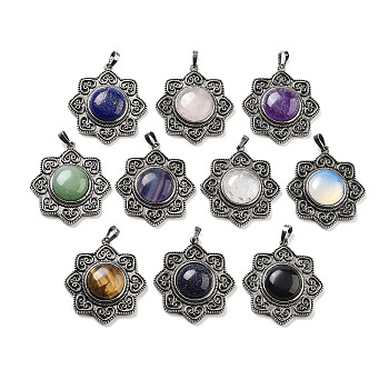 Natural & Synthetic Mixed Gemstone & Brass Pendants, Antique Silver, Sun Charm, 43.5x39.5x9mm, Hole: 9.5x5.5mm