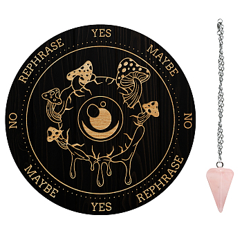 AHADEMAKER Divination Sets, including 1Pc PVC Plastic Pendulum Board, 1Pc 304 Stainless Steel Cable Chain Necklaces, 1Pc Natural Rose Quartz Stone Pendants, Mushroom Pattern, Board: 200x4mm