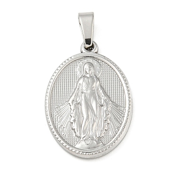 Non-Tarnish 304 Stainless Steel Pendants, Religious Theme Charm, Oval with Virgin Mary, Stainless Steel Color, 24x16x2~2.5mm, Hole: 5x3mm