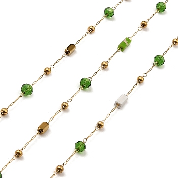Cuboid Natural Mixed Gemstone & Glass Rondelle Beaded Link Chains, with Golden 304 Stainless Steel Paperclip Chains, Soldered, with Spool, Green, 5x2x2mm, 4x2x2mm, 3x2.5mm, about 32.81 Feet(10m)/Roll