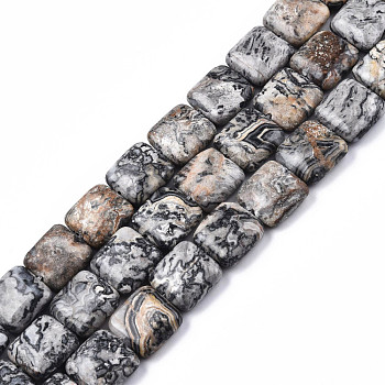Natural Map Stone/Picasso Stone/Picasso Jasper Beads Strands, Square, 14x14x5.5mm, Hole: 1.2mm, about 28pcs/strand, 15.16 inch~15.35 inch(38.5~39cm)