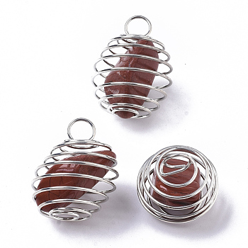 Iron Wrap-around Spiral Bead Cage Pendants, with Natural Red Jasper Beads inside, Round, Platinum, 21x24~26mm, Hole: 5mm