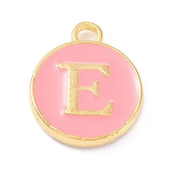 Golden Plated Alloy Enamel Charms, Enamelled Sequins, Flat Round with Alphabet, Letter.E, Pink, 14x12x2mm, Hole: 1.5mm