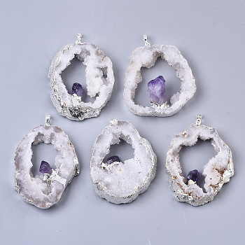 Natural Druzy Agate Big Pendants, Edge Platinum Plated, with Natural Amethyst and Iron Snap on Bails, Nuggets, 37~71x29~55x9~15mm, Hole: 4x6mm