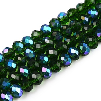 Electroplate Glass Beads Strands, Half Rainbow Plated, Faceted, Rondelle, Dark Green, 6x5mm, Hole: 1mm, about 84~85pcs/strand, 41.5~42cm