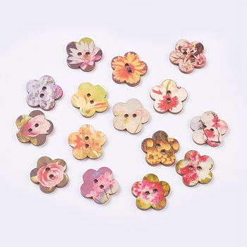 Printed Wooden Buttons, 2-Hole, Dyed, Flower, Mixed Color, 24x2.5mm, Hole: 2.5mm