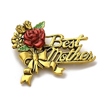 Mother's Day Tibetan Style Enamel Pins, Alloy Brooches for Backpack Clothes, Flower with Word Best Mother, Antique Golden, 38x47x5mm