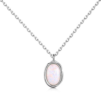 Oval Rhodium Plated 925 Sterling Silver Pendant Necklaces, with Synthetic Opal, Real Platinum Plated, 15.75 inch(40cm)