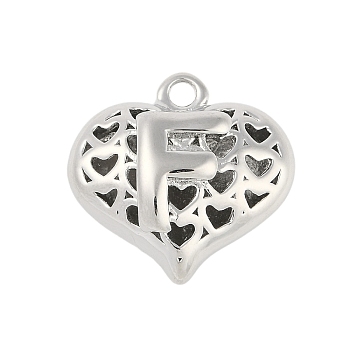 Hollow Brass Pendants for Valentine's Day, Heart with Letter, Real Platinum Plated, Letter F, 25x26x13mm, Hole: 2.5mm