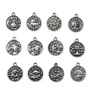 Tibetan Style Alloy Charms, Flat Round with Twelve Constellation, Lead Free, Antique Silver, 14.5x12x2mm, Hole: 1.4mm, 12 constellations, 5pcs/constellation, 60pcs/set