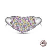 Rhodium Plated 925 Sterling Silver Heart Adjustable Rings with Colorful Cubic Zirconia, with S925 Stamp, Real Platinum Plated, US Size 7(17.3mm)(RJEW-F150-50P)