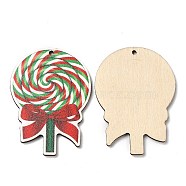 Single Face Printed Wood Big Pendants, Christmas Charms, Lollipop, 55x40.5x2.5mm, Hole: 2mm(WOOD-D025-07)