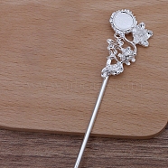 Iron Hair Stick Findings, with Alloy Cabochons Setting, Flower with Fish, Silver, Tray: 10mm, 155x25x6mm, Pin: 2.5mm(OHAR-PW0001-271B-S)