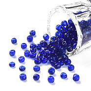 Glass Seed Beads, Transparent, Round, Blue, 6/0, 4mm, Hole: 1.5mm, about 1000pcs/100g(X1-SEED-A004-4mm-8)