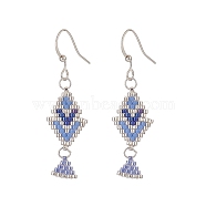 Rhombus Handmade Loom Pattern Glass Seed Beaded Dangle Earrings, Brass Jewelry for Women, Blue, 49mm, Pin: 0.7mm(EJEW-MZ00036-02)