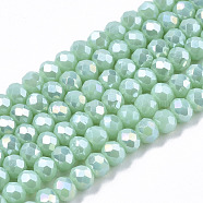 Electroplate Glass Beads Strands, Opaque Solid Color, AB Color Plated, Faceted, Rondelle, Turquoise, 10x8mm, Hole: 1mm, about 63~65pcs/strand, 49~50cm(EGLA-A034-P10mm-B16)