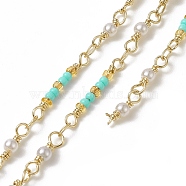 Handmade Plastic Imitation Pearl & Round Beaded Chains, with Rack Plating Golden Brass Findings, Unwelded, with Card Paper, Aquamarine, 17.5x2x2mm, 11~12x3x3mm(CHC-C026-31)