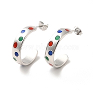 Colorful Enamel Polka Dot Pattern Stud Earrings, 304 Stainless Steel Half Hoop Earrings for Women, Stainless Steel Color, 21x5.5x21mm, Pin: 0.8mm(STAS-H175-19P)